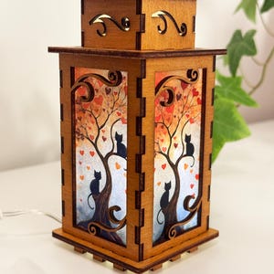 Cats On the Tree In Love Hearts Night Lamp Lantern, Small Cute Kitten Glowing Wooden Lamp, Unique Cat Gift, Wood Home Decor Lantern
