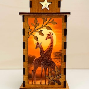 African Giraffe Wooden Night Lamp Lantern, Beautifull Sunset Africa Glowing Wooden Light
