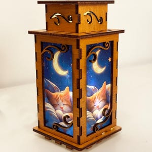 Slapende kat maansikkel nachtlampje lantaarn, maanlicht kat schattig kitten gloeiende houten lamp, uniek kattencadeau, houten huisdecor lantaarn