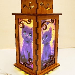 Cute Cat Night Lamp Lantern, Small Kitten Wooden Lamp, Unique Cat Gift, Wood Home Decor Lantern