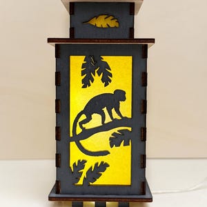 Monkey Jungle Sunrise Night Lamp Lantern,  Monkeys Wild Forest Animal Glowing Wooden Lamp, Unique Magic Gift, Wood Home Decor Lantern