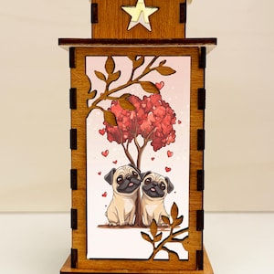 Two Pugs In Love Night Lamp Lantern, Cute Dog Art Glowing Wooden Light, Unique Dog Gift, Wood Home Decor Lantern