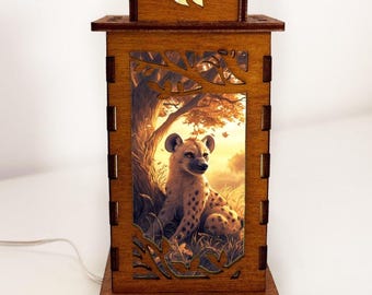 African Hyena Wooden Night Lamp Lantern, Animal Glowing Light