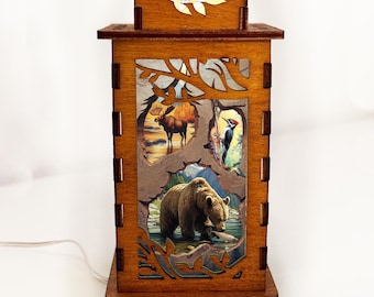 Wild Bear Moose Woodpecker Wooden Night Lamp, Animal Nature Light Home Decor