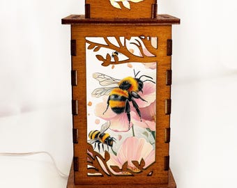 Honey Bee Flower Insect Wooden Night Lamp, Animal Glowing Light Home Decor