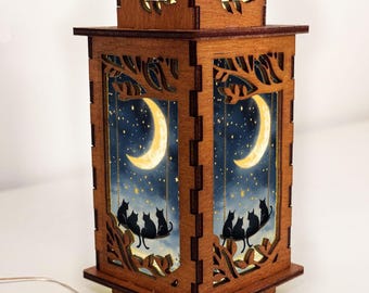 Lámpara de noche de madera con forma de gato en un columpio, luz de luna, lámpara artística para gatos