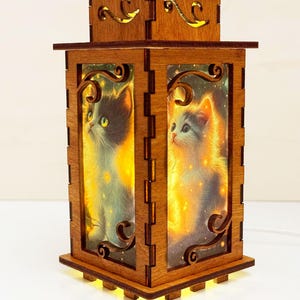 Cute Cat Magical Night Lamp Lantern, Small Kitten Glowing Wooden Lamp, Unique Cat Gift, Wood Home Decor Lantern