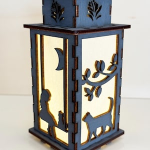Cat Silhouette Night Lamp Lantern, Girl Kitten Wooden Grey Lamp, Unique Cat Lover Gift, Wood Home Decor Lantern