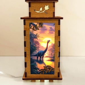 Diplodocus Brontosaurus Dinosaur Wooden Night Lamp Lantern, Dinosaur Wooden Light