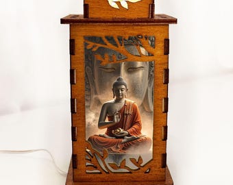 Lámpara de noche de madera con forma de Buda meditando, ideal para yoga y meditación, decoración del hogar.