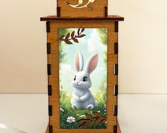 White Bunny Meadow Wooden Night Lamp Lantern, Rabbit Wooden Lights Design