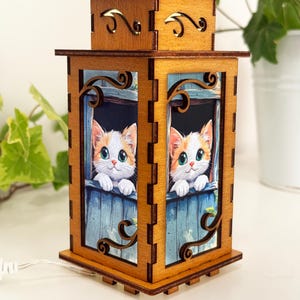 Cat In The Window Night Lamp Lantern, Small Cute Kitten Glowing Wooden Lamp, Unique Cat Gift, Wood Home Decor Lantern