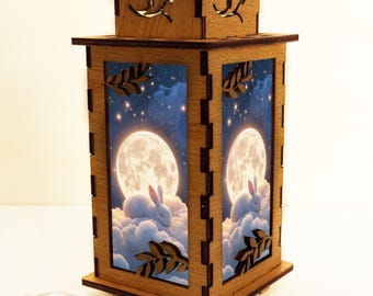 Sleeping Bunny Moon Wooden Night Lamp Lantern, Rabbit Wooden Lights Design