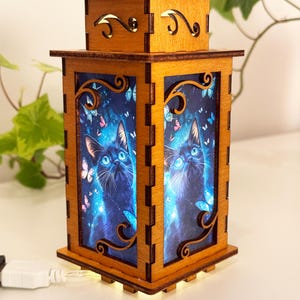 Cat With Butterflies Magical Night Lamp Lantern, Small Kitten Glowing Wooden Lamp, Unique Cat Gift, Wood Home Decor Lantern