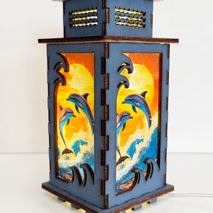 Delfino al tramonto oceano lampada notturna lanterna, delfini marini animali oceano lampada in legno luminoso, regalo unico delfino, lanterna in legno per arredamento casa