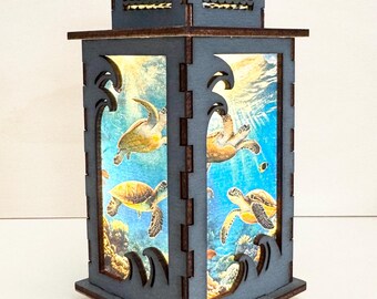 Sea Turtles Ocean Night Lamp Lantern, Beautiful Ocean Turtles Fish Underwater Glowing Wooden Lamp, Unique Gift, Wood Home Decor Lantern