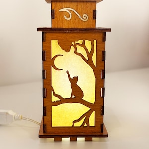 Cat On The Tree Moonlight Night Lamp Lantern, Small Kitten Glowing Wooden Lamp, Unique Cat Gift, Wood Home Decor Lantern