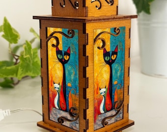 Abstrakte Katzen Kubismus Kunst Nachtlampe Laterne, Künstlerische Katzen Holzlampe, Einzigartiges Katzengeschenk, Holz Wohnkultur Laterne
