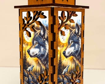 Drewniana lampka nocna Wild Wolf, lampa biurkowa Wildlife Forest