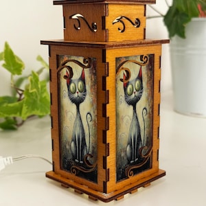 Black Cat Artistic Night Lamp Lantern, Art Kitten Wooden Lamp, Unique Cat Gift, Wood Home Decor Lantern