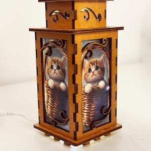 Cat In The Basket Night Lamp Lantern, Cat Cute Kitten Glowing Wooden Lamp, Unique Cat Gift, Wood Home Decor Lantern
