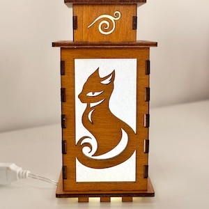 Art Cat Night Lamp Lantern, Cat Owner Art Glowing Wooden Lamp, Unique Cat Gift, Wood Home Decor Lantern