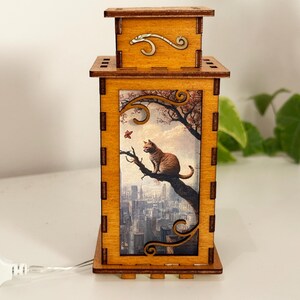 Cat In The City Night Lamp Lantern, Brown Cat Cute Kitten Glowing Wooden Lamp, Unique Cat Gift, Wood Home Decor Lantern