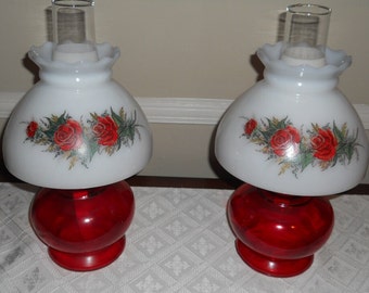 Local Pickup Only EAGLE Danbury Oil HURRICANE Red LAMPS with Milk glass Floral Shades