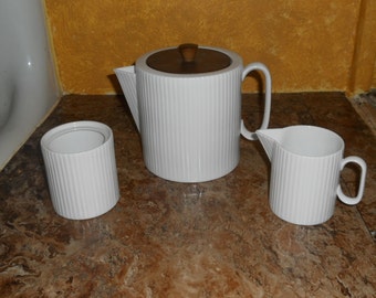 Vintage White Ribbed CORONET Coffee TEA SET Teapot Creamer Sugar