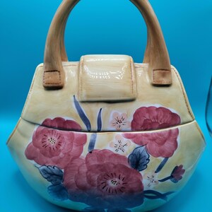 Vintage Creme Floral Ceramic Purse Handbag Cookie Jar