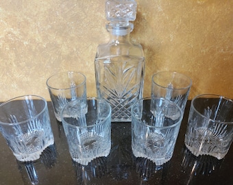 Elegant Bormioli Rocco Selecta Cut Glass Crystal Whiskey Decanter 7 Piece Barware Set- w/Box