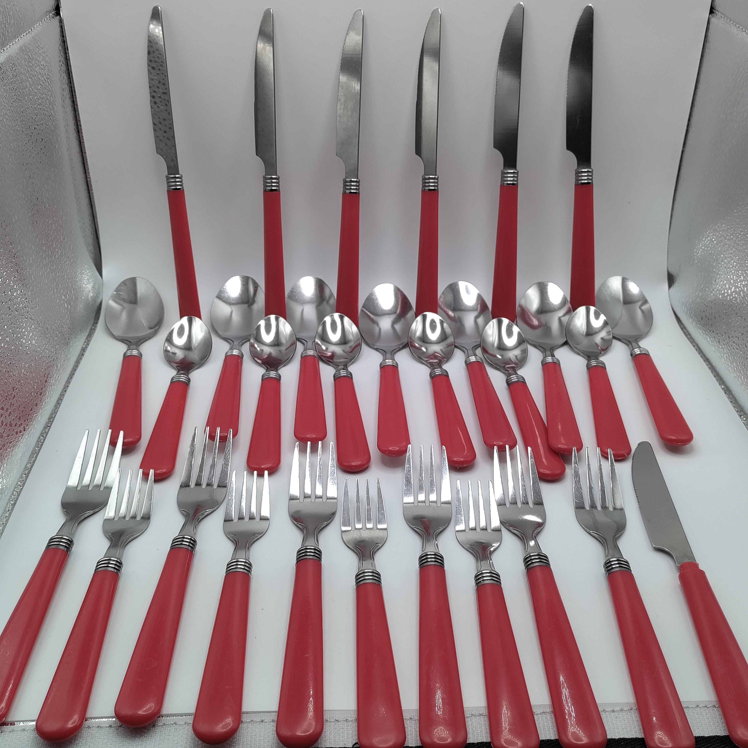 Vintage RETRO Lot of 30 Pieces Red Berry Handles STAINLESS FLATWARE China