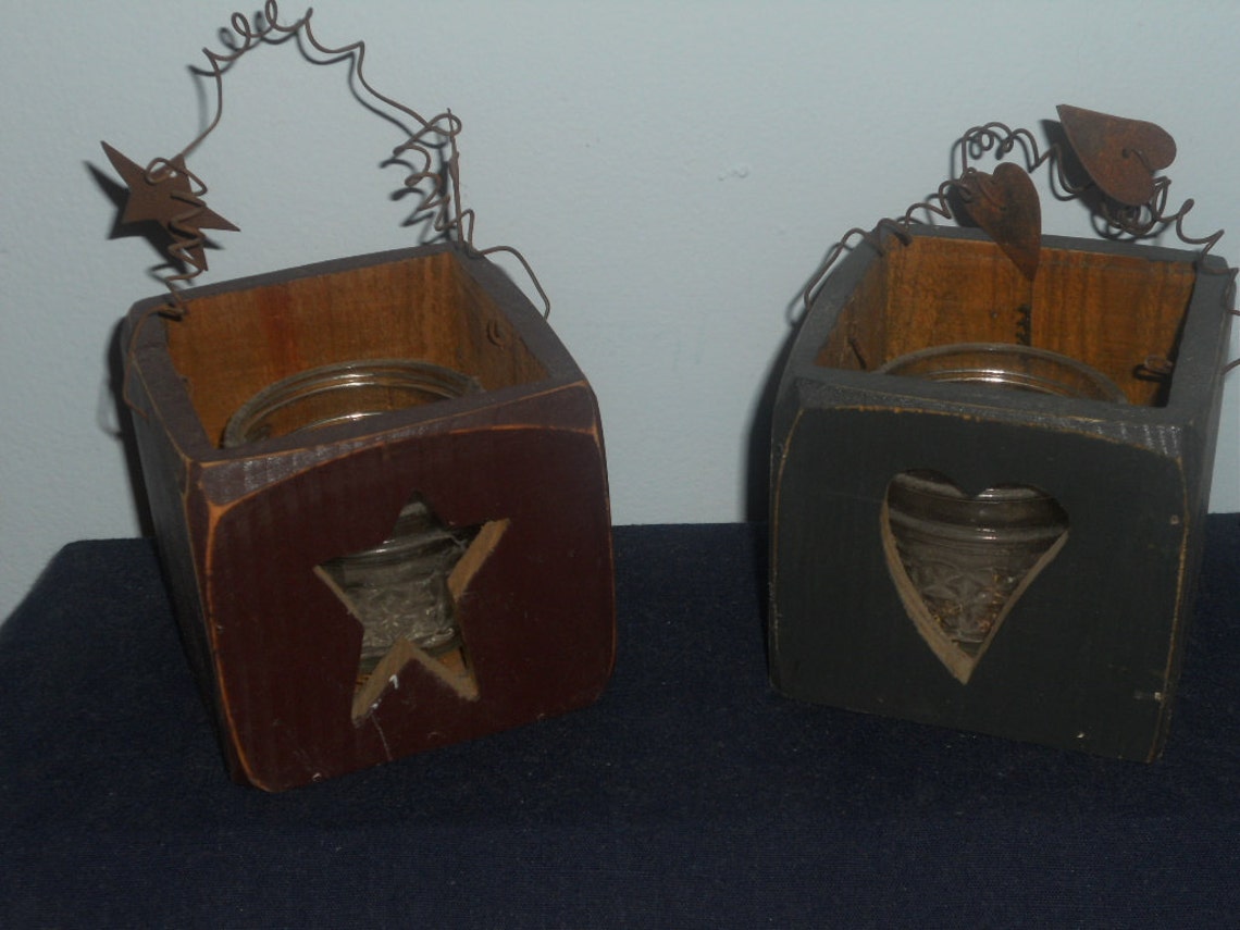 Primitive Wood CANDLE BOX Holder Country Heart and Star Decor Etsy