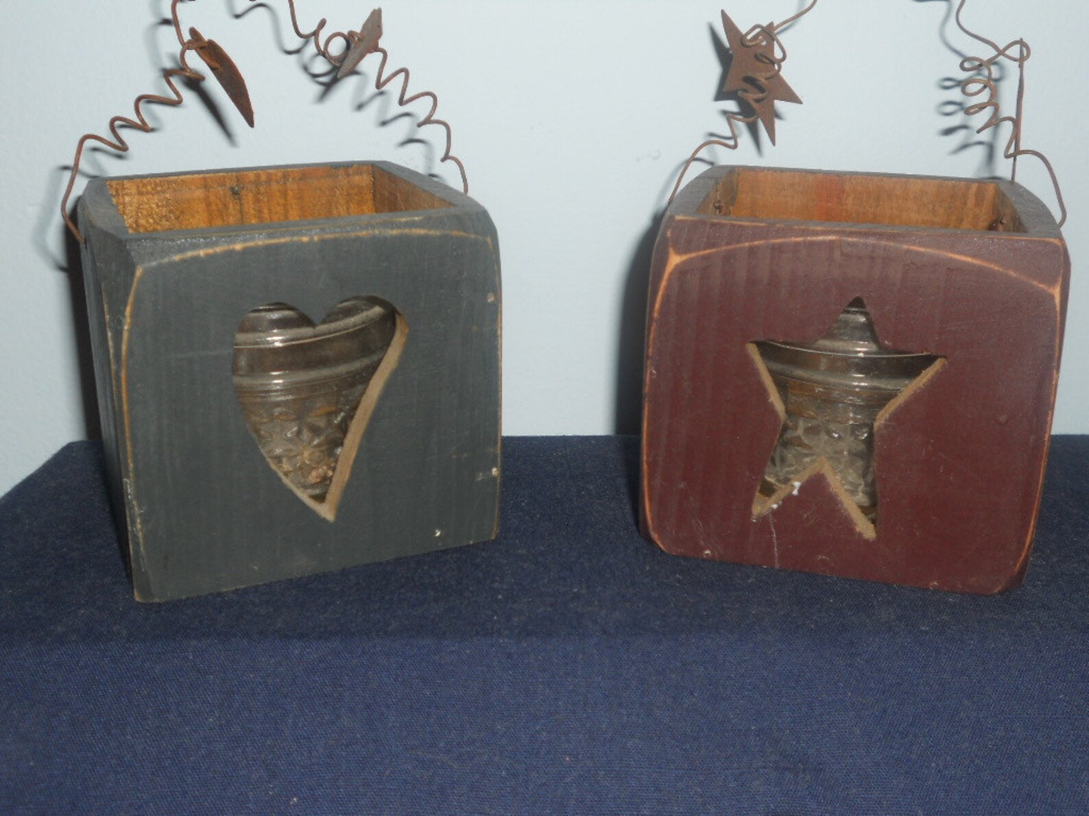 Primitive Wood CANDLE BOX Holder Country Heart and Star Decor Etsy