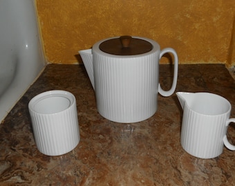 Vintage White Ribbed CORONET Coffee TEA SET Teapot Creamer & Sugar-Mid Century-Please Read