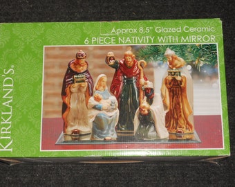 Vintage Kirkland's 6 Piece Nativity Set-8.5" Glazed Ceramic Figurines w/ Mirror Base