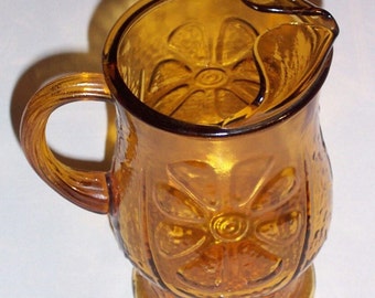 Amber DEPRESSION GLASS PITCHER with Flower Design