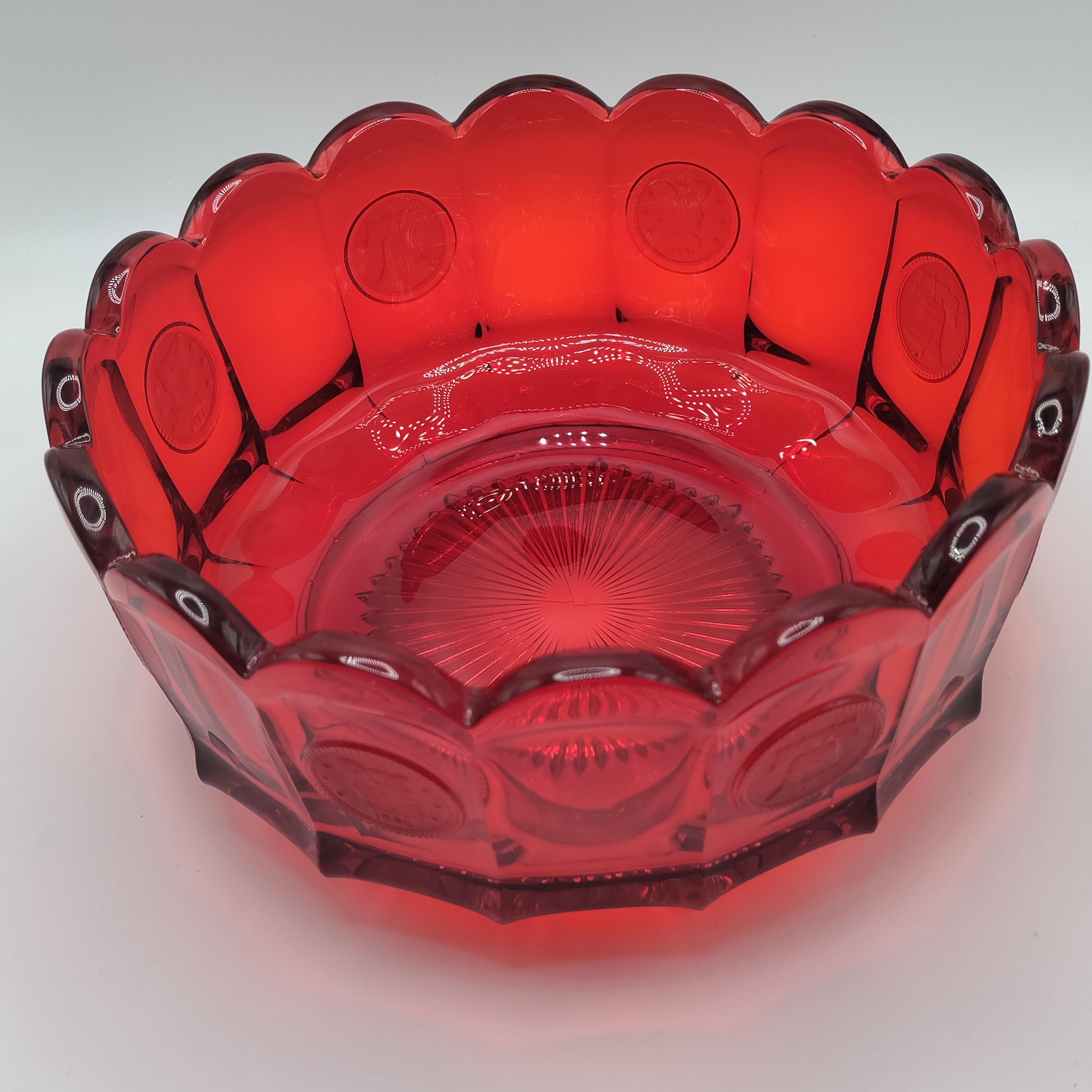 Vintage Fostoria Ruby Red Coin Glass Bowl-7.5" Scalloped Edge Centerpiece-Frosted 1887 Medallions