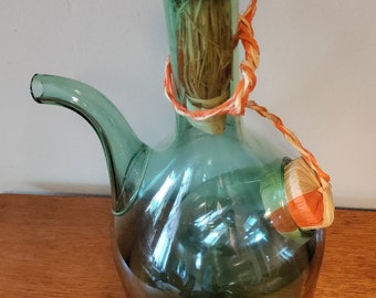 Vintage Wine Carafe Decanter Green Glass Hand Blown Serving Italian