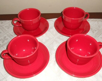 Vintage RED FIESTAWARE 8 Piece Set Cups And Saucers Classic Bright Red 4 Cups & 4 Saucers