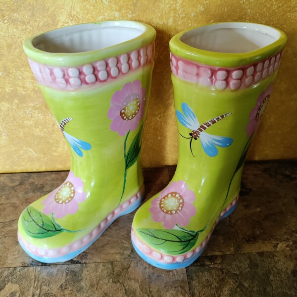 Ceramic Rain Boot Planters with Pink Flowers & Dragonflies