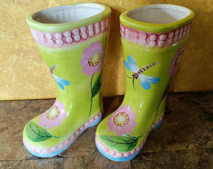 Ceramic Rain Boot Planters With Pink Flowers & Dragonflies Etsy