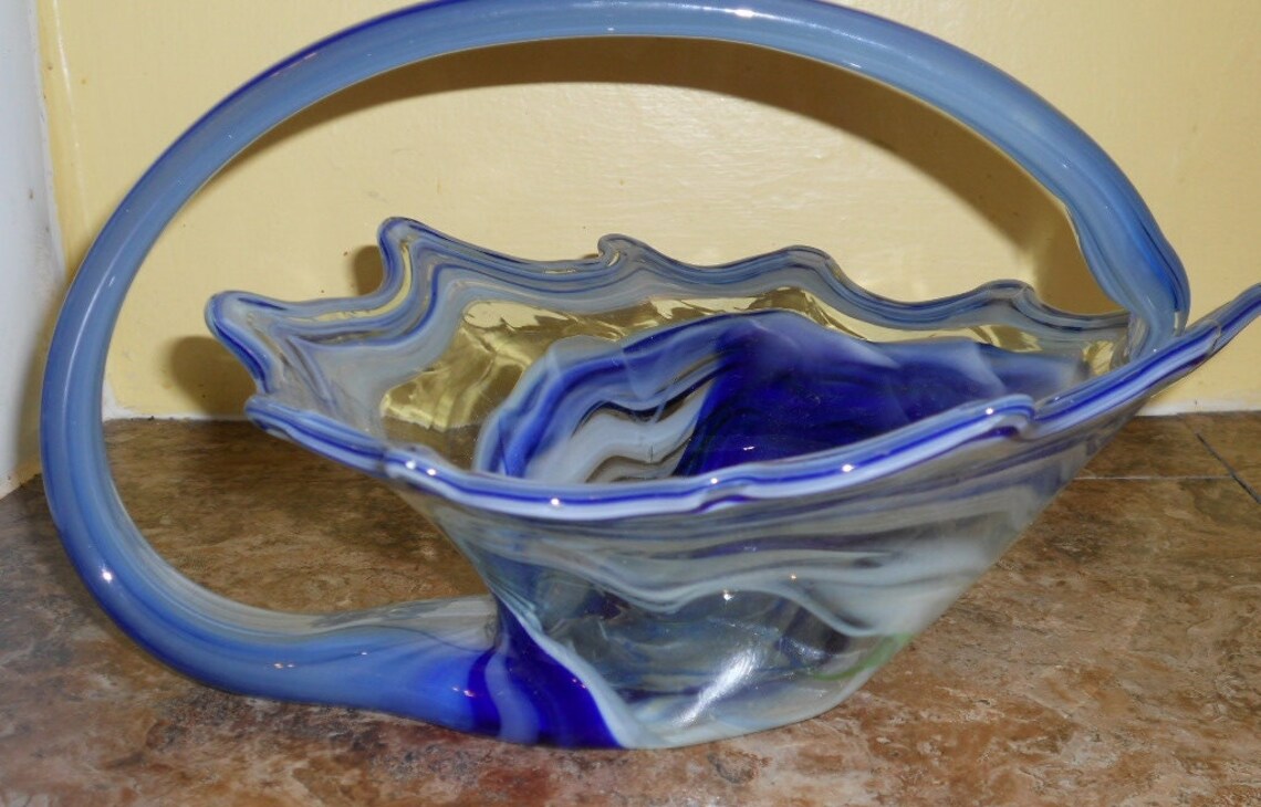Handblown ART GLASS Centerpiece BOWL With Handle Blue and Etsy