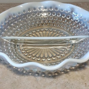Vintage Fenton Moonstone Opalescent Hobnail Divided Serving Candy Dish Relish Tray