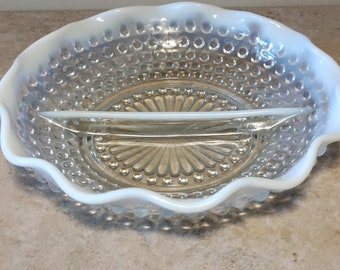 Vintage FENTON MOONSTONE Opalescent HOBNAIL Divided Serving Candy Dish Relish Tray