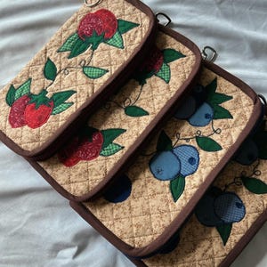 Large Zipper Wallet, Berry duo, strawberry/blueberry applique wallet