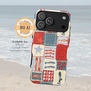 Tough Phone Case with Maximalist Fish Mosaic, No AI | Matte | iPhone Samsung Galaxy Google Pixel | Quirky Colorful Naive Folk Style Fish