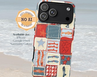 Custodia per telefono resistente con mosaico di pesci massimalisti, senza IA / opaca / iPhone Samsung Galaxy Google Pixel / Pesci stravaganti, colorati, in stile folk naif