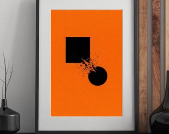 Muurdecoratie voor sociale rechtvaardigheid, moderne abstracte poster, levendig oranje en zwart.