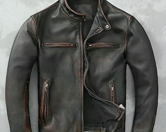 Men Motorcycle Biker Vintage Racer Distressed Black Leather Jacket - Gift -